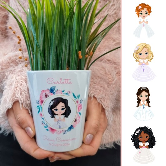 Bomboniera personalizzata prima comunione per una bambina, vasetto con avatar, nome e data