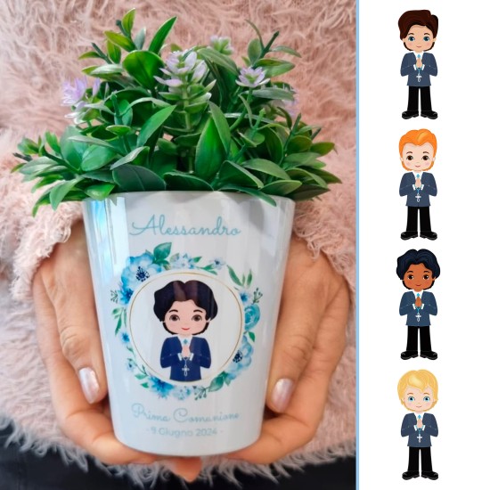 Bomboniera personalizzata prima comunione per un bambino, vasetto con avatar, nome e data