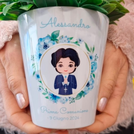 Bomboniera personalizzata prima comunione per un bambino, vasetto con avatar, nome e data
