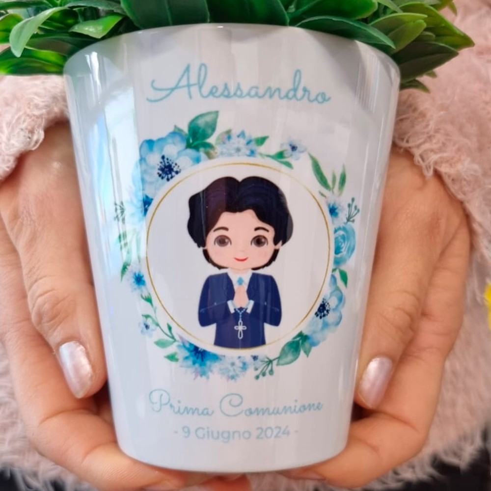 Bomboniera personalizzata prima comunione per un bambino, vasetto con avatar, nome e data