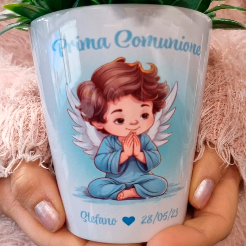 Bomboniera prima comunione bambino vasetto personalizzato con avatar a scelta, nome e data