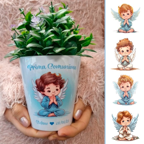 Bomboniera prima comunione bambino vasetto personalizzato con avatar a scelta, nome e data