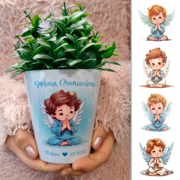 Bomboniera prima comunione bambino vasetto personalizzato con avatar a scelta, nome e data