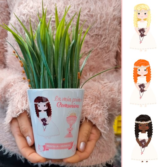 Vaso bomboniera personalizzata per la prima comunione bambina con personaggio a scelta, nome e data