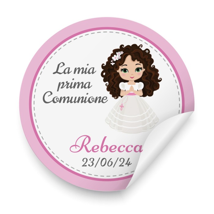 Etichette adesive per la prima comunione per bambina, tonde personalizzate con personaggio a scelta, nome e data