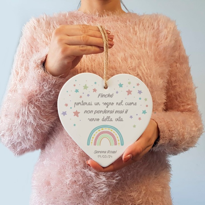 Bomboniera per comunione, battesimo, cresima, cuore in ceramica personalizzato con dedica e nomi e data