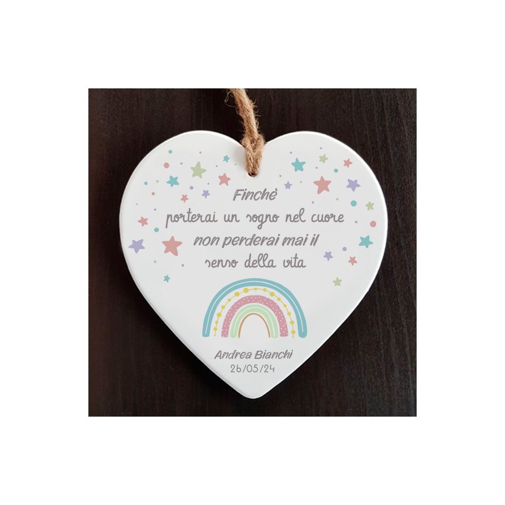 Bomboniera per comunione, battesimo, cresima, cuore in ceramica personalizzato con dedica e nomi e data