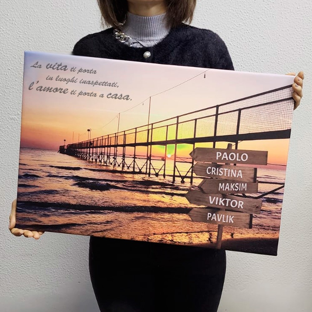 Quadro con nomi su cartelli, frase e alba sul mare personalizzato per la famiglia