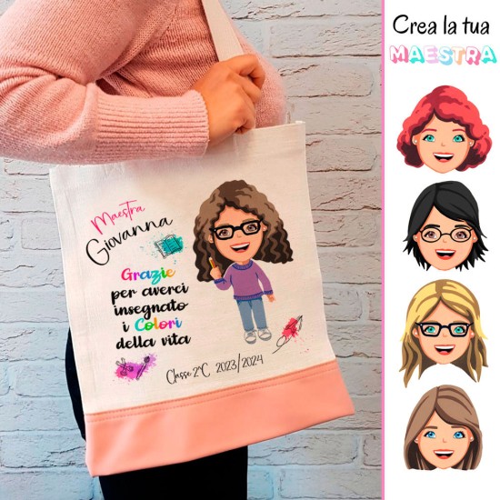 Regalo personalizzato per le maestre, shopper con avatar maestra, nome e classe