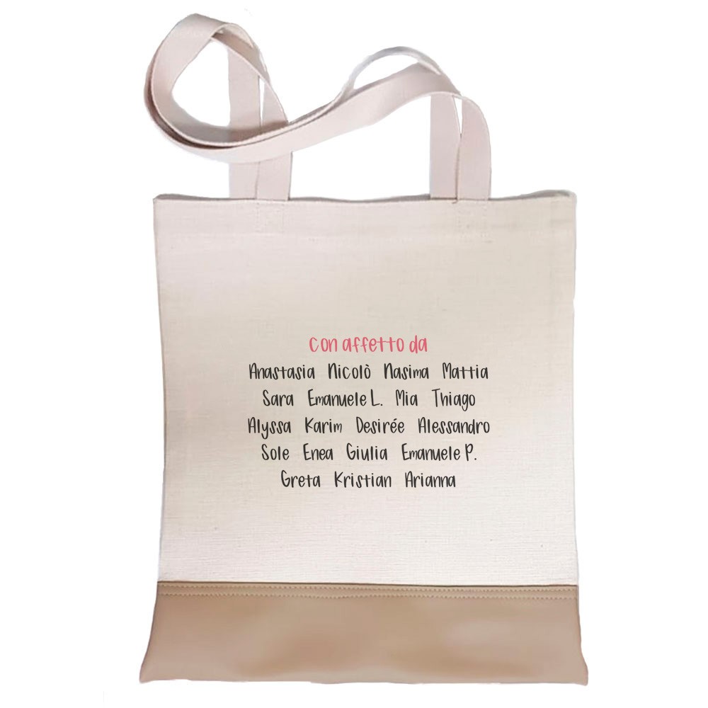 Borsa shopper, regalo personalizzato per la maestra con frase "Insegnare è un lavoro del cuore" nome maestra e nomi bambini