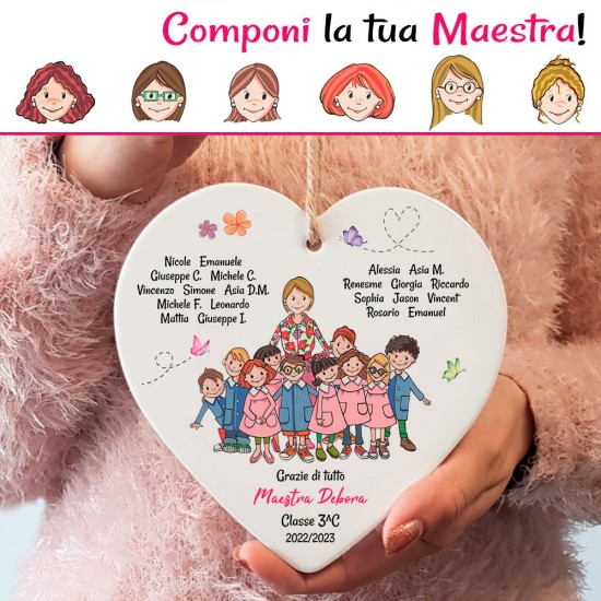 Regalo per la maestra, cuore in ceramica con maestra Avatar personalizzata, dedica e nomi