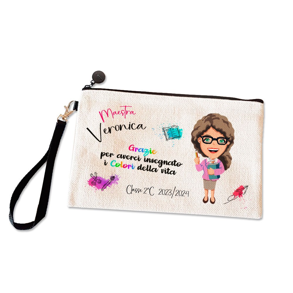 Pochette astuccio regalo per la maestra, con personaggio avatar personalizzato con vestiti, capelli, occhi e nomi dei bambini