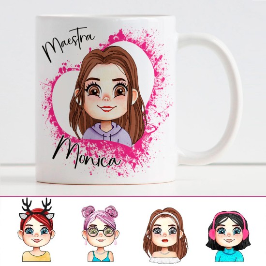 Tazza regalo con maestra Avatar nel cuore personalizzata con nome, vestiti, viso, capelli, e classe