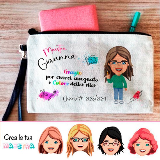 Pochette astuccio regalo per la maestra, con personaggio avatar personalizzato con vestiti, capelli, occhi e nomi dei alunni