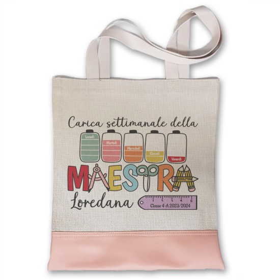 Shopper multiuso regalo per la maestra, con divertente grafica "Batterie" nome e nomi alunni sul retro
