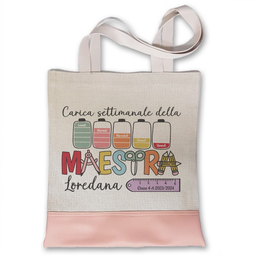 Shopper multiuso regalo per la maestra, con divertente grafica "Batterie" nome e nomi alunni sul retro