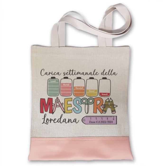 Shopper multiuso regalo per la maestra, con divertente grafica "Batterie" nome e nomi alunni sul retro