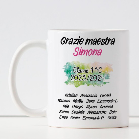 Regalo per la maestra o maestro, tazza personalizzata con design arcobaleno e bambini, nomi