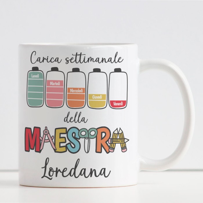 Regalo personalizzato per le maestre, tazza "carica settimanale" personalizzata con i nomi di tutti i bambini