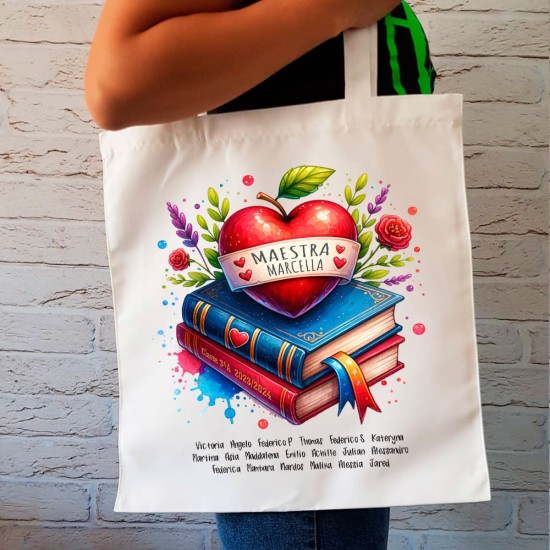 Regali personalizzati per le maestre, shopper con desegn libri e mela, nome maestra, e nomi alunni (opzionale)
