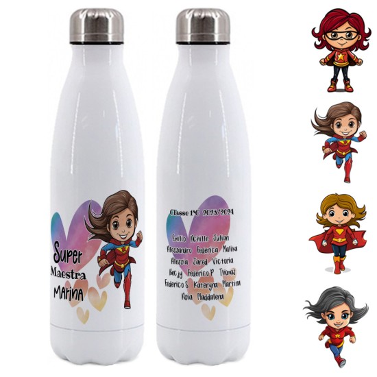 Borraccia regalo per una super maestra eroina, personalizzata con personaggio a scelta e nomi