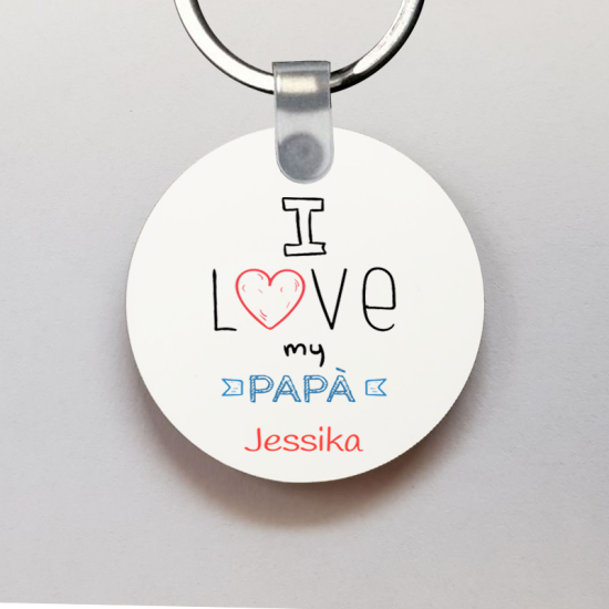 Portachiavi papà tondo in legno "I Love Papà" con nome