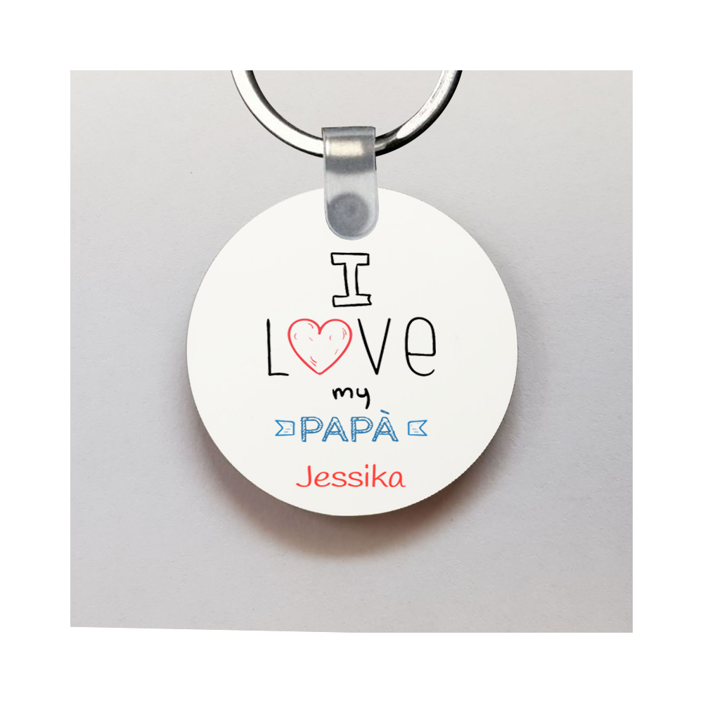Portachiavi papà tondo in legno "I Love Papà" con nome