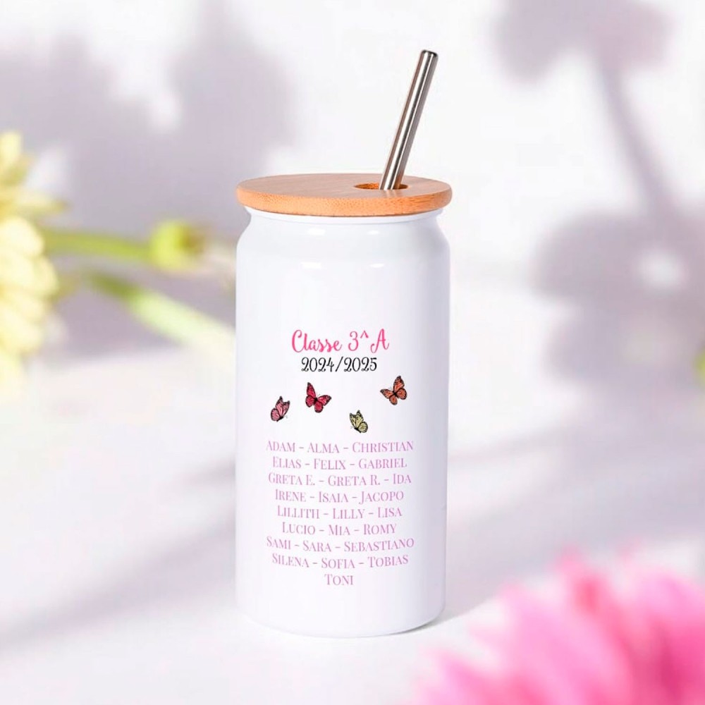 Tazza bicchiere con cannuccia, regalo personalizzato per la maestra, cuore floreale e nomi bambini