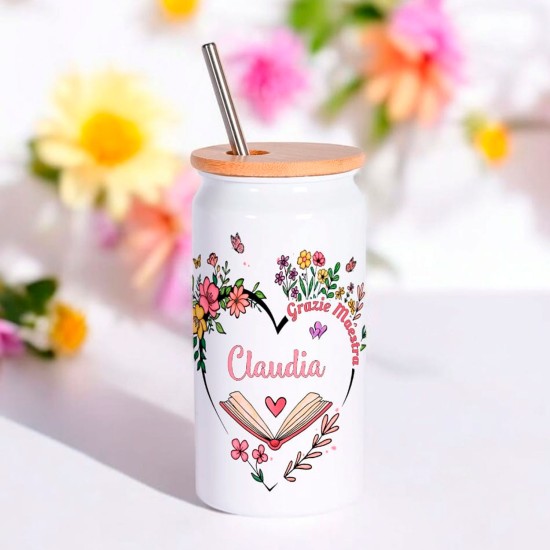 Tazza bicchiere con cannuccia, regalo personalizzato per la maestra, cuore floreale e nomi bambini