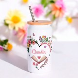 Tazza bicchiere con cannuccia, regalo personalizzato per la maestra, cuore floreale e nomi bambini