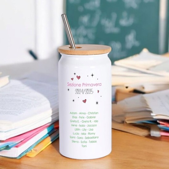Regalo personalizzato per la maestra, bicchiere tazza con cannuccia, cuore libri e nomi