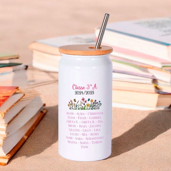 Regalo speciale per la maestra, tazza bicchiere con cannuccia, personalizzata con nomi