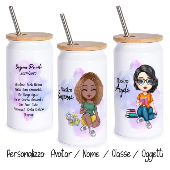 Tazza bicchiere con cannuccia, con avatar maestra e nomi bambini