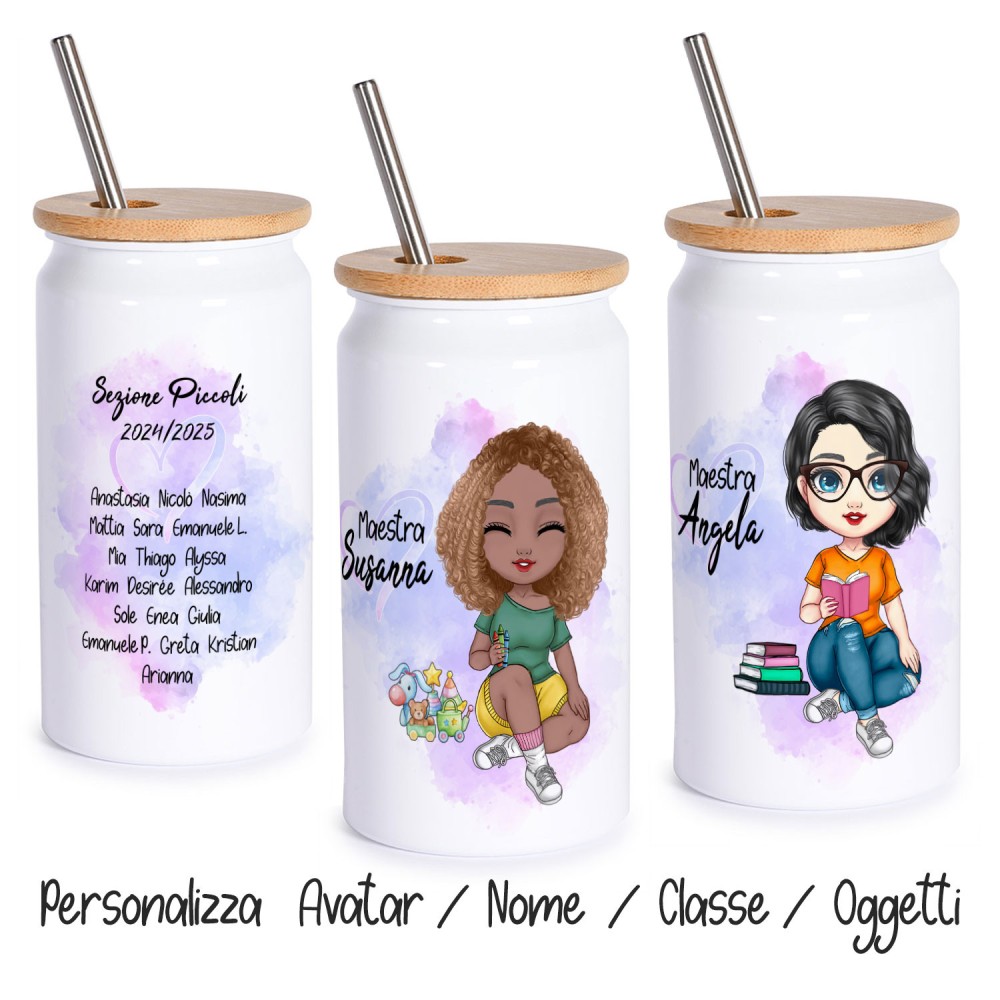 Tazza bicchiere con cannuccia, con avatar maestra e nomi bambini