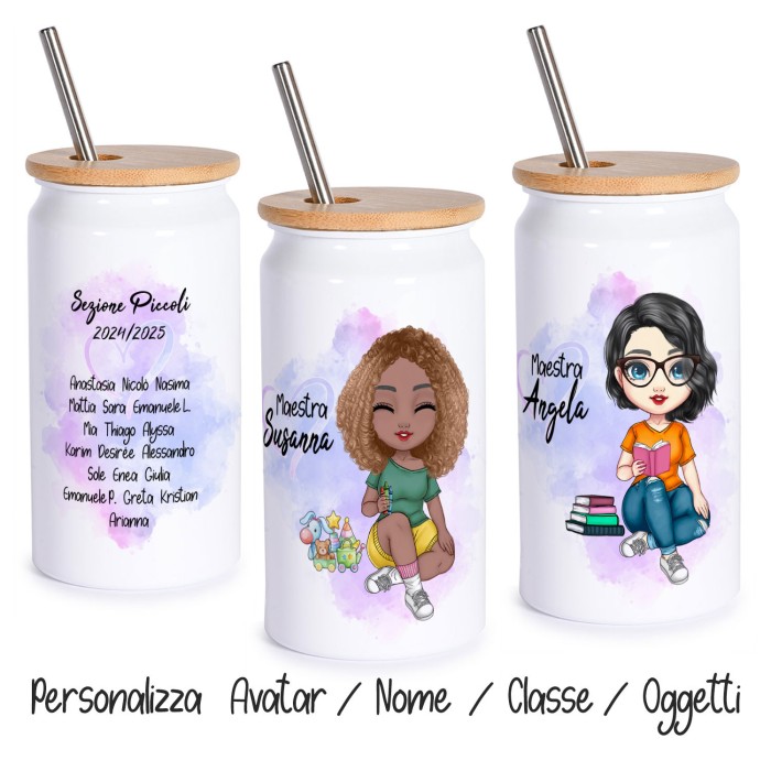 Tazza bicchiere con cannuccia, con avatar maestra e nomi bambini