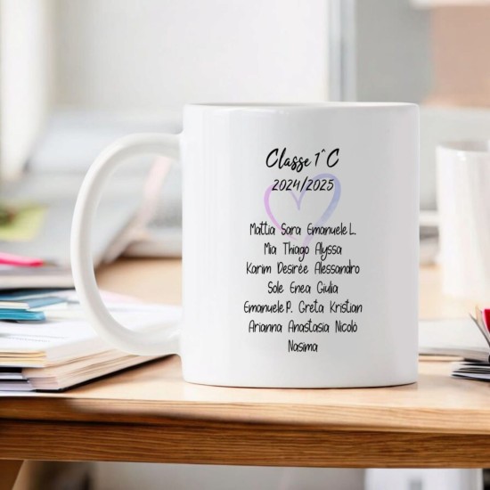 Tazza con avatar maestra personalizzato con viso, capelli, vestiti e accessori, e nomi bambini sul retro