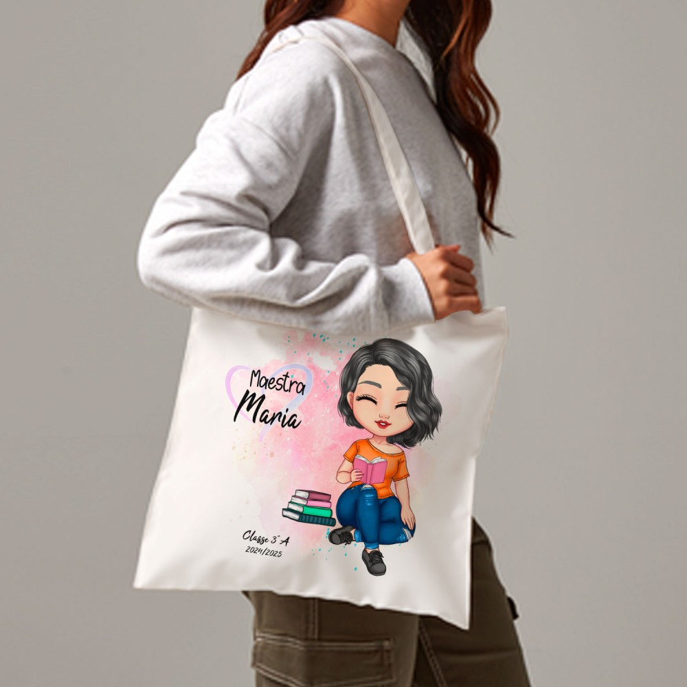 Idea regalo shopper per la maestra, con avatar personalizzato e nomi bambini