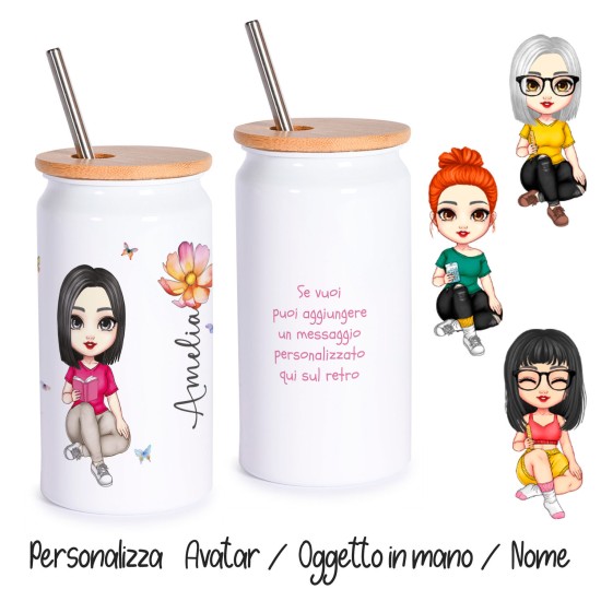 Tazza bicchiere con cannuccia, personalizzata avatar ragazza, nome e dedica opzionale
