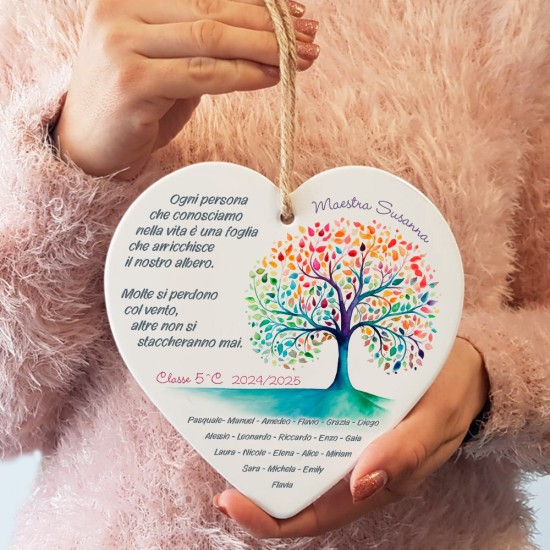Regalo personalizzato per la maestra, cuore in ceramica a tema albero della vita con i nomi bambini