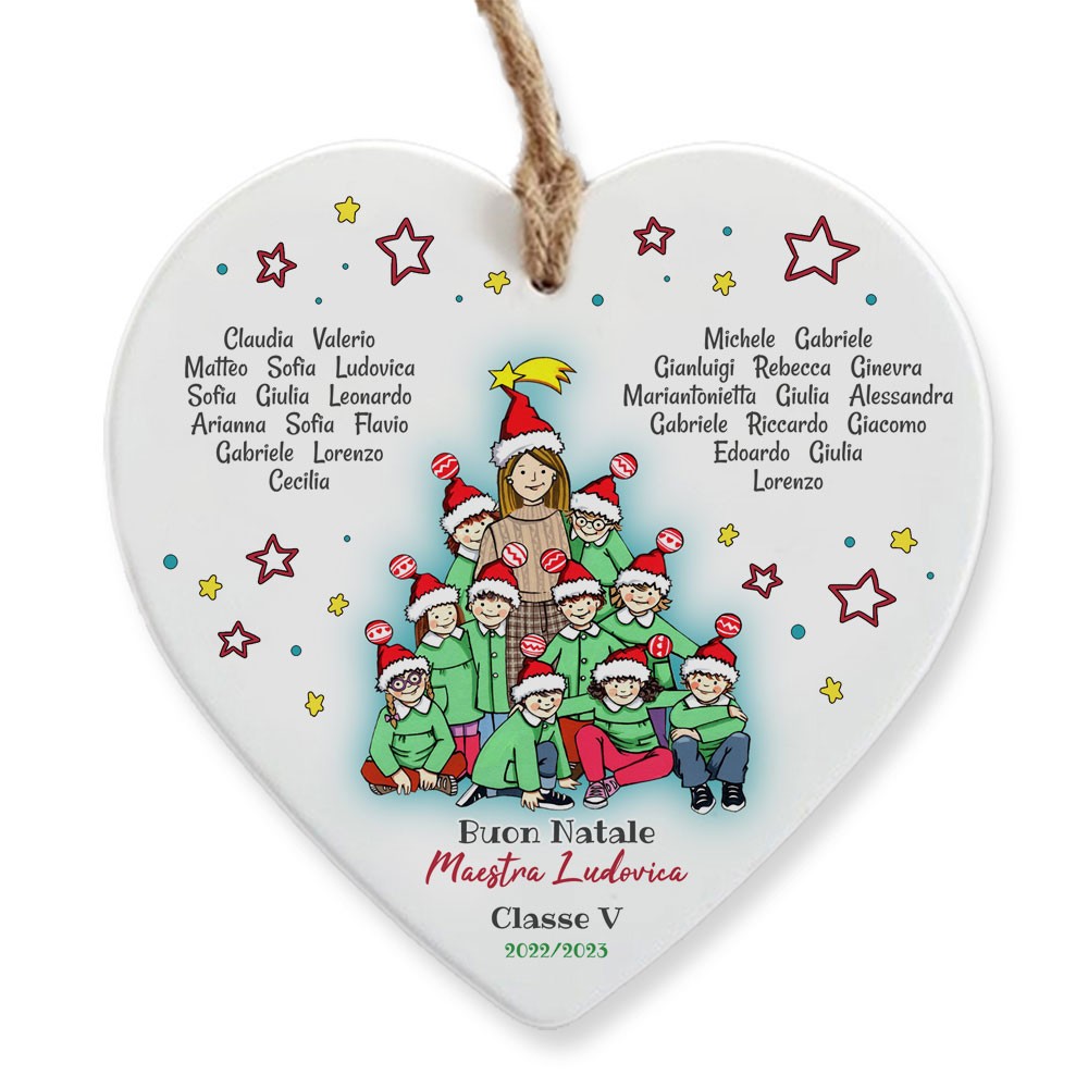 Cuore in ceramica regalo di Natale per la maestra, con avatar maestra e nomi bambini