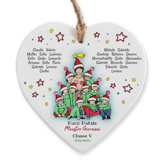 Cuore in ceramica natalizio con maestro personalizzato e nomi