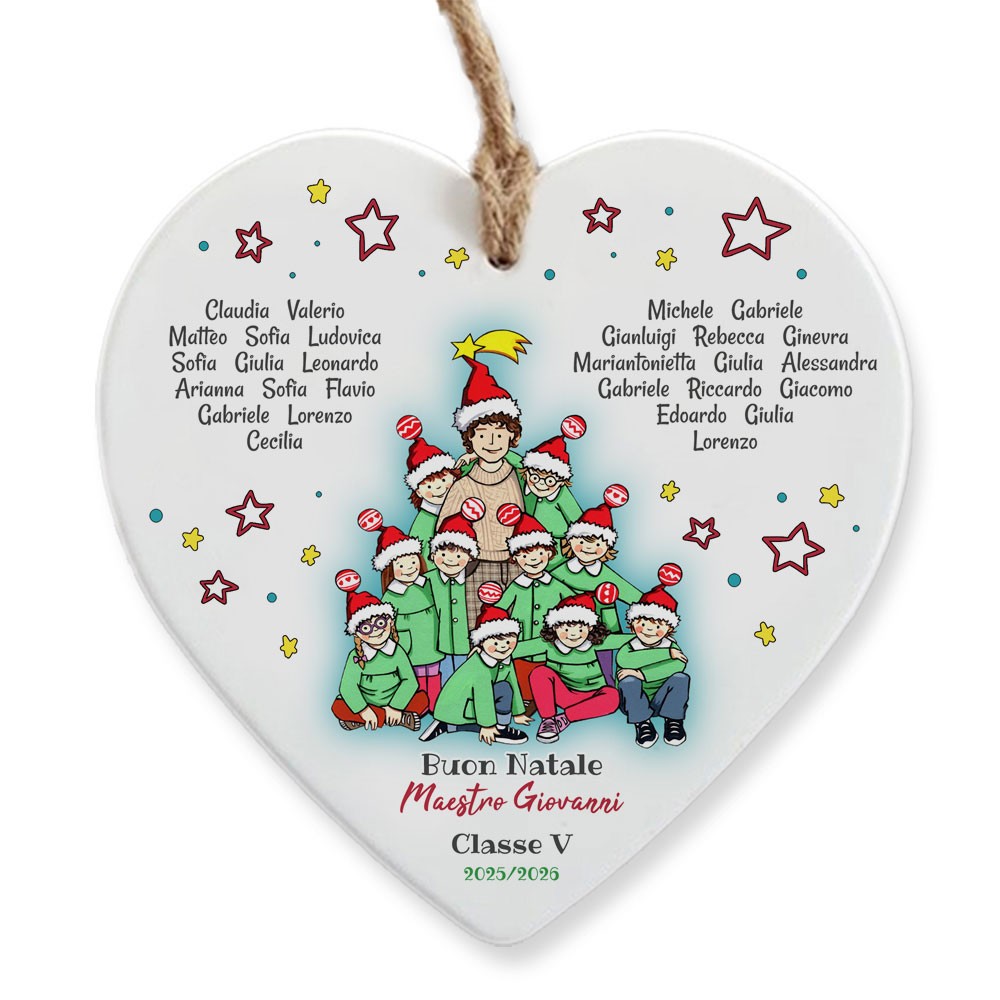 Cuore in ceramica natalizio con maestro personalizzato e nomi