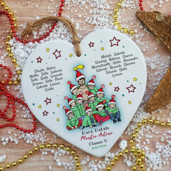 Cuore in ceramica natalizio con maestro personalizzato e nomi