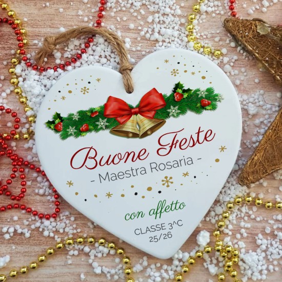 Regalo natalizio personalizzato per la maestra, cuore in ceramica personalizzato con nome maestra e classe