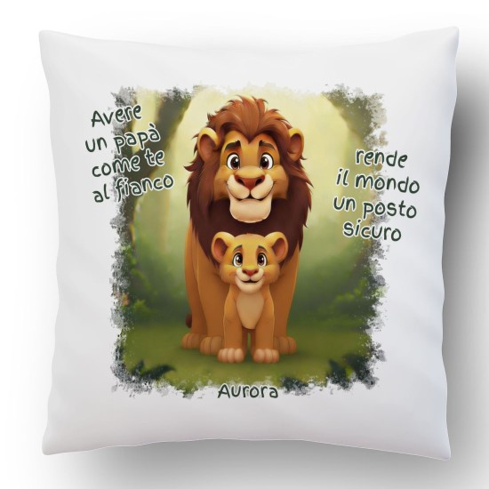 Idea regalo festa del papà, cuscino personalizzato con papà leone e leoncini