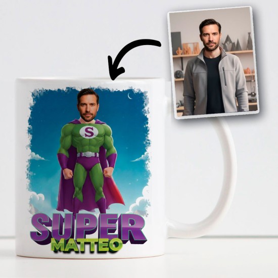 Tazza Personalizzata regalo amici colleghi, con supereroe e viso reale da foto