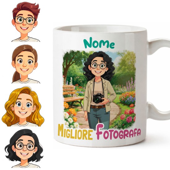 Tazza personalizzata per mestiere fotografa con avatar personalizzato, nome e dedica