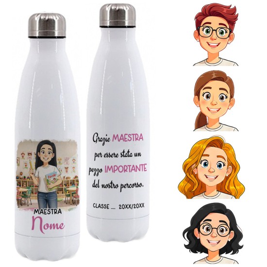 Borraccia per maestra asilo nido / materna Personalizzata con Avatar e Frase Motivazionale