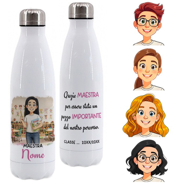 Borraccia per maestra asilo nido / materna Personalizzata con Avatar e Frase Motivazionale